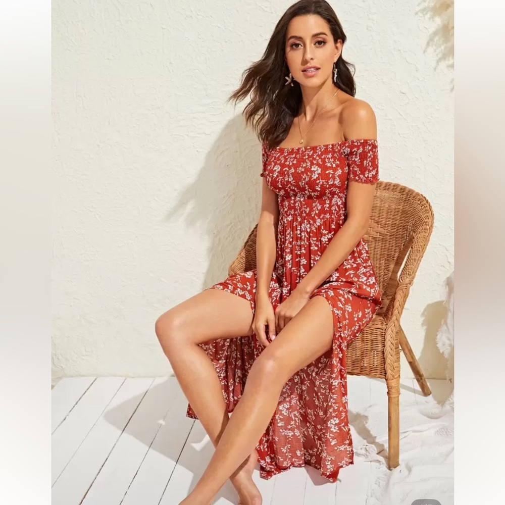 NOT AVAILABLE Floral Off-Shoulder Red Dress